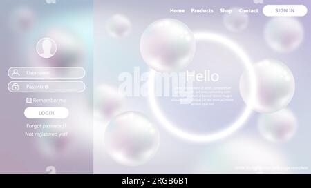 Sign In Login form glassmorphism style. Luxury pearl sphere background with defocused white light circle frame. Landing page premium web design Stock Vector
