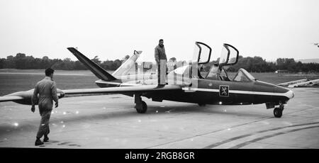 Belgian Air Force - Fouga CM.170-1 Magister MT-20 (msn 277), of the Diables Rouge (Red Devils) aerobatic display team. This aircraft crashed at Brustem on 20 Jun 1968 after mid-air collision with MT-2 during 'Red Devils' aerobatic practice. Stock Photo