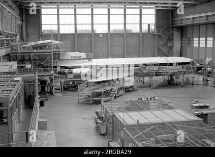 Hawker Siddeley HS.121 Trident 1C G-ARPF (msn 2106), of British European Airways, in the BEA maintenance hangar, at London Heathrow Airport. in March 1968. Stock Photo