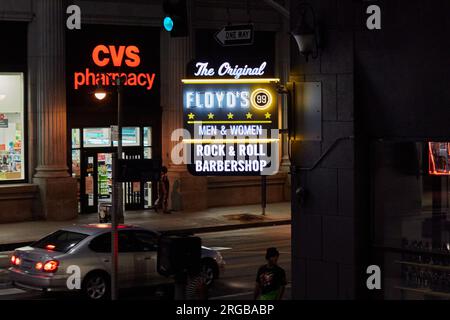 Los Angeles, California, USA. 5th Sep, 2015. The neon sign in downtown Los Angeles for Floyd's 99 The Original Rock & Roll Barbershop. (Credit Image: © Ian L. Sitren/ZUMA Press Wire) EDITORIAL USAGE ONLY! Not for Commercial USAGE! Stock Photo