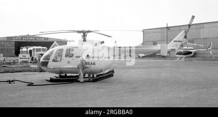 MBB Bo 105DB G-AZTI (msn S.34), of the Northern Lighthouse Board, operated by British Executive Air Services Ltd., at Blackpool-Squire's Gate Airport, in October 1972. Stock Photo