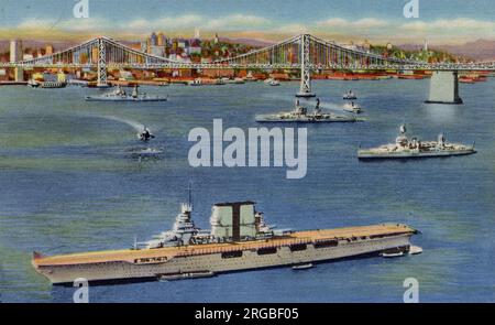 Oakland Bay Bridge and three US battleships at anchor, San Francisco, California, USA - in the foreground is USS Saratoga, CV3 aircraft carrier Stock Photo