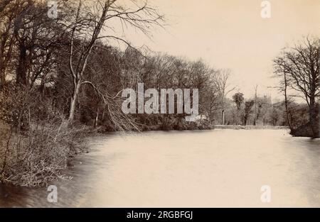 Lymm Dam, in the village of Lymm, Cheshire. The tower of St Mary's Church is just visible above the trees in the right distance. Stock Photo