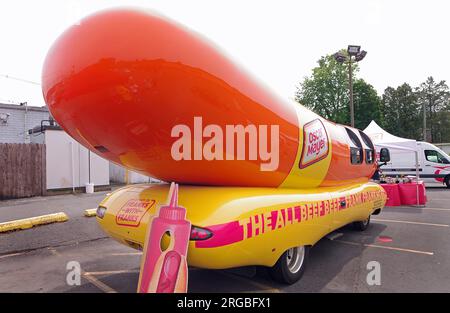 For the first time in nearly 100 years, the iconic Oscar Mayer Wienermobile has a new name: the Frankmobile.  “The All Beef Frank Frankmobile” 2023 Stock Photo