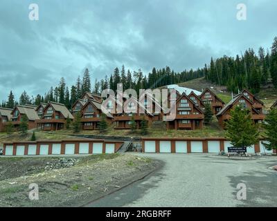 Big Sky, MT USA - June 2, 2023:  A vacation home villiage in Big Sky, Montana. Stock Photo