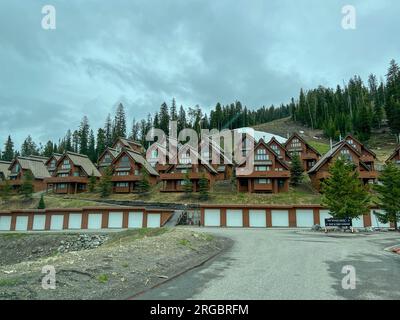 Big Sky, MT USA - June 2, 2023:  A vacation home villiage in Big Sky, Montana. Stock Photo