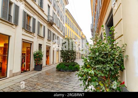 Milan, Italy - March 30: The Quadrilatero della moda or Via Montenapoleone is a high-class shopping district in the centre  of Milan, Italy. Stock Photo