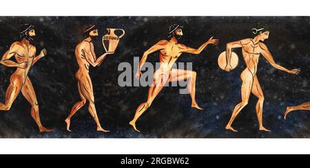 Seamless border pattern with ancient greek athletes. In the style of ancient Greek art of painting vase. Hand drawn watercolor illustration. On a text Stock Photo