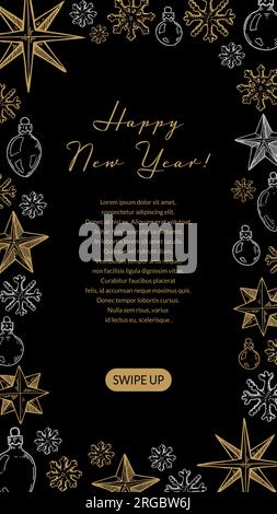 Merry Christmas and Happy New Year vertical greeting card with hand drawn golden five pointed stars and snowflakes. Vector illustration in sketch styl Stock Vector