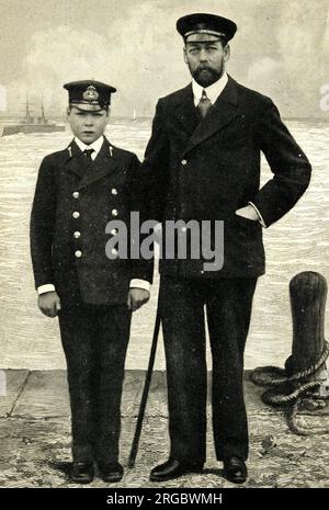 Prince of Wales, later King George V, and his son, naval cadet Edward of Wales, later King Edward VIII Stock Photo