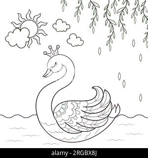 Swan Princess. Black and white linear drawing. Vector Stock Vector