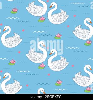 White swans on a blue background. Seamless pattern. Stock Vector