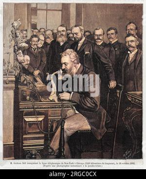 ALEXANDER GRAHAM BELL (1847 - 1922), American inventor and educator inaugurates the New York- Chicago telephone on October 18th 1892. Stock Photo