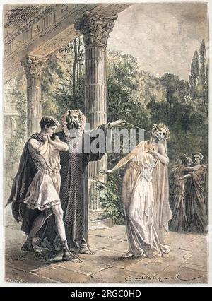 The magician Apollonius of Tyana reveals to Menippus of Corinth that his wife is an evil spirit, by demonstrating her true appearance. Stock Photo