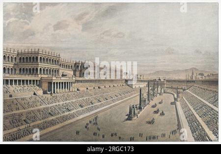 Restoration by Canina of the Circus Maximus in its heyday : a chariot race is in progress and the slopes are thronged with spectators. The Imperial Palace is on the left. Stock Photo