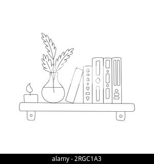 Hand drawn shelf with books, candle and vase with abstract twigs with leaves. Home decor, interior. Doodle books with a pattern. Black and white doodl Stock Vector