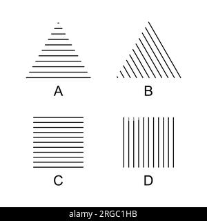 Helmholtz triangles and squares optical illusions. A ttriangle appears higher (A), seems to move right (B), a square appers higher (C) or wider (D). Stock Photo
