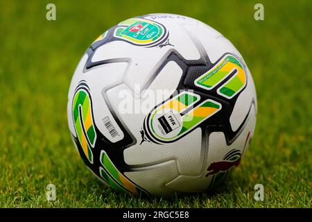 Weston Homes Stadium, Peterborough, Cambridgeshire, England 8th August 2023;  EFL Carabao Cup Football, Peterborough United versus Swindon Town; The official Puma Carabao Cup match ball Stock Photo