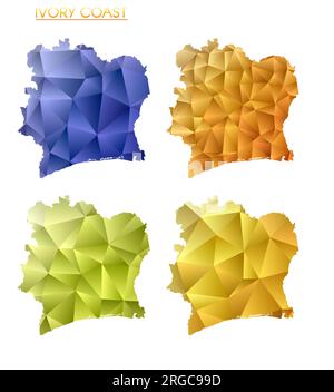 Set of vector polygonal maps of Ivory Coast. Bright gradient map of country in low poly style. Multicolored Ivory Coast map in geometric style for you Stock Vector