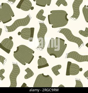 Seamless pattern with knitted sweaters, scarves and hats Stock Vector