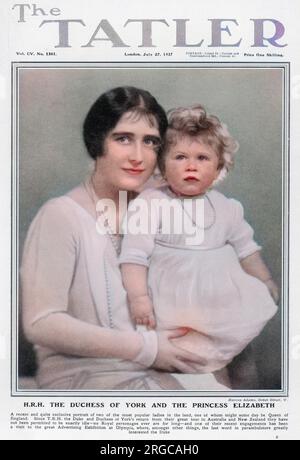 The Tatler front cover featuring a photograph of the Duchess of York (later Queen Elizabeth, The Queen Mother) with Princess Elizabeth of York (later Queen Elizabeth II) taken in July 1927, shortly after her first birthday. Although Elizabeth was not expected to inherit the throne in the 1920s, her and her family were popular subjects in the newspapers and society magazines of the day. Stock Photo