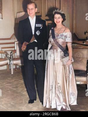 Queen Elizabeth II, when Princess Elizabeth, pictured with her husband, Prince Philip, Duke of Edinburgh at the Paris Opera House in May 1948. Stock Photo