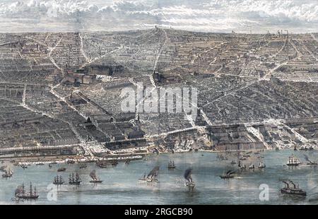 A magnificent bird's eye view of Liverpool from the Mersey in 1886, showing the then-new public buildings, at the time of Queen Victoria's visit to the Liverpool Exhibition. Sights include the Albert Dock, St. George's Hall, Lime street station. The Anglican cathedral has yet to be built, as has the Liver Building, and St. Luke's church has yet to be bombed by German shells. Stock Photo