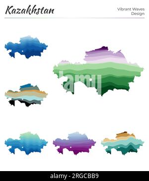 Set of vector maps of Kazakhstan. Vibrant waves design. Bright map of country in geometric smooth curves style. Multicolored Kazakhstan map for your d Stock Vector