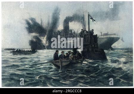 German representation of the sinking of a British merchant steamer, the Monkey. Stock Photo