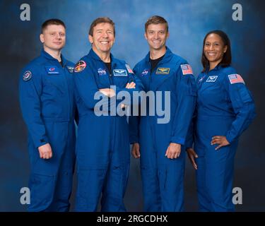 SpaceX Crew-8 Official Crew Portrait with NASA astronauts Commander Matthew Dominick, left, Pilot Michael Barratt, center left, and Mission Specialist Jeanette Epps, right, along with Roscosmos cosmonaut Mission Specialist Alexander Grebenkin, left, at the Lyndon B. Johnson Space Center in Houston, Texas USA on August 3, 2023. The SpaceX Crew-8 will join Expedition 70 and 71 crew members for a long-duration stay aboard the International Space Station (ISS) in low Earth orbit in early 2024 to conduct a wide-ranging set of operational and research activities. Credit: Bill Stafford and Josh Valca Stock Photo