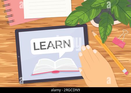 concept of e-learning, hand using tablet on wooden desk- vector illustration Stock Vector