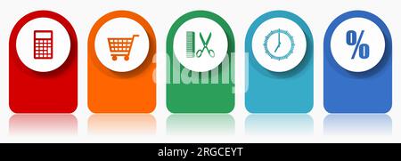 Shopping icon set, flat design miscellaneous colorful icons such as calculator, cart, barber, clock and percent for webdesign and mobile applications, Stock Vector