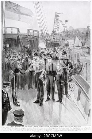 King Edward VII, when Prince of Wales, visiting the training ship Britannia, 18 October 1877 with his two sons, Prince Albert Victor, Duke of Clarence and Prince George of Wales, later King George V. The boys became naval cadets on board the ship. Stock Photo