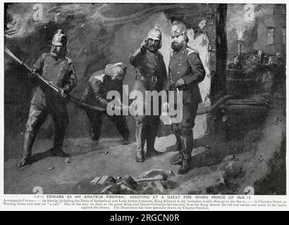 King Edward VII (then Prince of Wales) as an amateur firefighter. Accompanied by some of his friends, including the Duke of Sutherland and Lord Arthur Somerset, the King would go to fire stations in Chandos Street or Watling Street and wait for 'a call'. One of the men on duty at the great King and Queen Granaries Fire told how the King shared in the work against the flames. Stock Photo