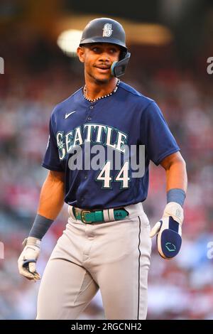 ANAHEIM, CA - JUNE 09: Seattle Mariners center fielder Julio Rodriguez (44)  looks on during batting practice before the MLB game between the Seattle  Mariners and the Los Angeles Angels of Anaheim