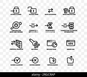 Set of computer web icons, internet and network, linear graphic design. Technology, innivation, server, hosting, cyber security and data protection Stock Vector