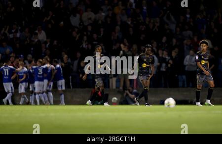 Southampton players react after conceding their second goal during the Carabao Cup first round match at the Priestfield Stadium, Gillingham. Picture date: Tuesday August 8, 2023. Stock Photo