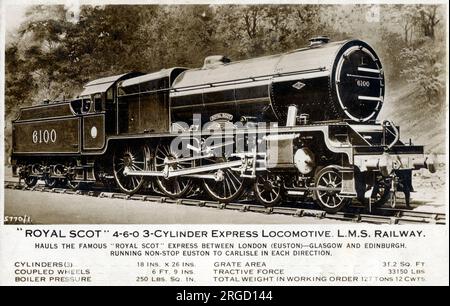 Steam Locomotive - London, Midland and Scottish Railway (LMS) Royal Scot Class 6100. The first of its class, built in 1927 by the North British Locomotive Company in Glasgow. The engine has been preserved (and still runs) to this day after initial purchase by Billy Butlin of Butlins holiday camps after withdrawal. Stock Photo