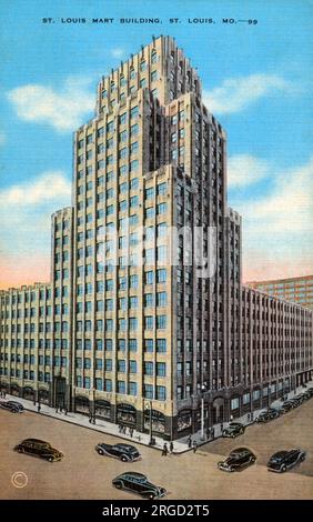 Originally constructed in the early 1930s, the Art Deco brick and terracotta building The St. Louis Mart (now the Robert Young Federal Building), located at Twelfth Boulevard and Spruce Street, 'one of the city's newest and finest office, display and warehouse buildings and the home of Radio Station KMOX, 'the Voice of St. Louis.'' Stock Photo