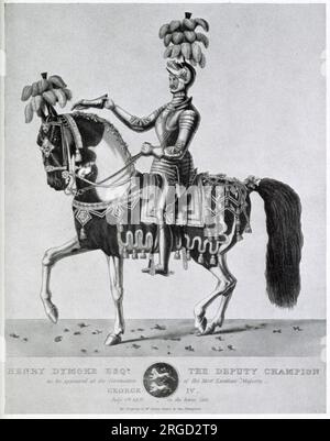 Henry Dymoke, in armour and on horseback as the King's Champion at the coronation of George IV on 19 July 1821. The King's Champion was one of the positions that could be claimed, in serving the sovereign during the ceremony. The King's Champion would ride into Westminster Hall and throw down a glove or gauntlet to challenge any of the monarch's enemies (there usually weren't any!). George IV's coronation was the last to include the King's Champion, but the Dymokes continued to take part in coronations; most recently an ancestor of Henry Dymoke carried the royal standard at the 1953 coronation Stock Photo