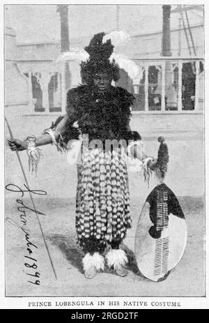 Peter Kushana Lobengula, who claimed to be the son of King Lobengula of Matabeleland, seen in his native costume. He was one of the performers at Frank Fillis's 'Savage South Africa' show at Earl's Court in 1899. His romance and subsequent marriage to a white woman, Kitty Jewell caused a sensation at the time. Stock Photo