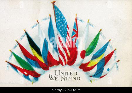 Patriotic postcard depicting the flags of the Victorious Allies of WW1 - 'United we stand'. Stock Photo