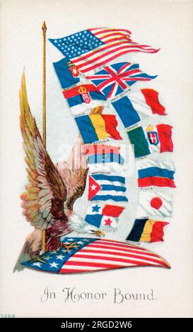 'In Honour Bound' - Patriotic postcard depicting the flags of the Victorious Allies of WW1. Stock Photo