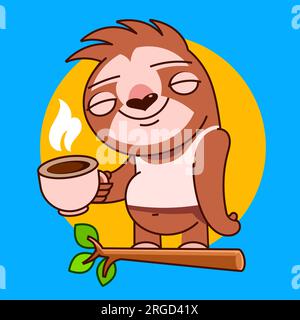 Cute cartoon sloth character drawing set. Hanging from tree branch, sitting, hugging pillow. Funny lazy animal, sleepy sloth hand drawn vector clip ar Stock Vector