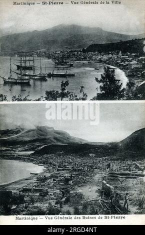 Martinique, a single territorial collectivity of the French Republic (ODR). The remains of St. Pierre after the devastating 1902 volcanic eruption of Mount Pelee - digging into the ruins. The town prioir to the disaster is also shown (top) Stock Photo