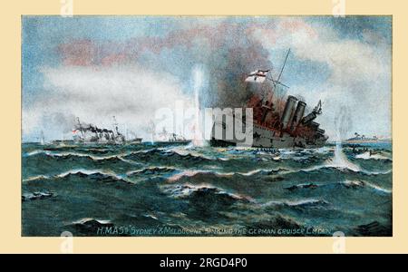 WW1 - HMAS Sydney (one of three modified Leander-class light cruisers operated by the Royal Australian Navy (RAN)) and HMAS Melbourne (escorting the Australian contingent to Egypt) sink the German Cruiser Emden on November 9, 1914. Stock Photo
