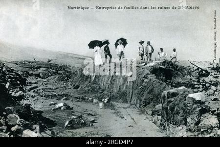 Martinique, a single territorial collectivity of the French Republic (ODR). The remains of St. Pierre after the devastating 1902 volcanic eruption of Mount Pelee - digging into the ruins. Stock Photo