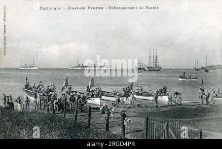 Martinique - Fort-de-France - French Marines disembarking to aid in the efforts following the devastating volcanic eruption of Mount Pelee. Stock Photo