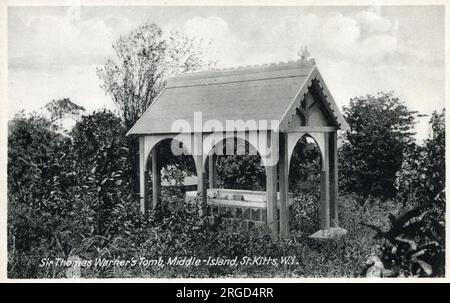 Captain Sir Thomas Warner's Tomb, Middle Island, St. Kitts, West Indies. Thomas Warner died on March 10, 1649, in St. Kitts. His tomb and that of Samuel Jefferson (great-great grandfather of Thomas Jefferson, the third President of the United States) were originally situated inside the original St. Thomas' Anglican Church. Stock Photo