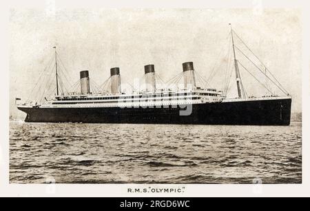 Triple-Screw Liner RMS Olympic of the White Star Line - sister ship to the ill-fated RMS Titanic. The reverse details the log of the journey undertaken from Southampton to New York on July 29th, 1914 under Captain H. J. Haddock (!). Stock Photo